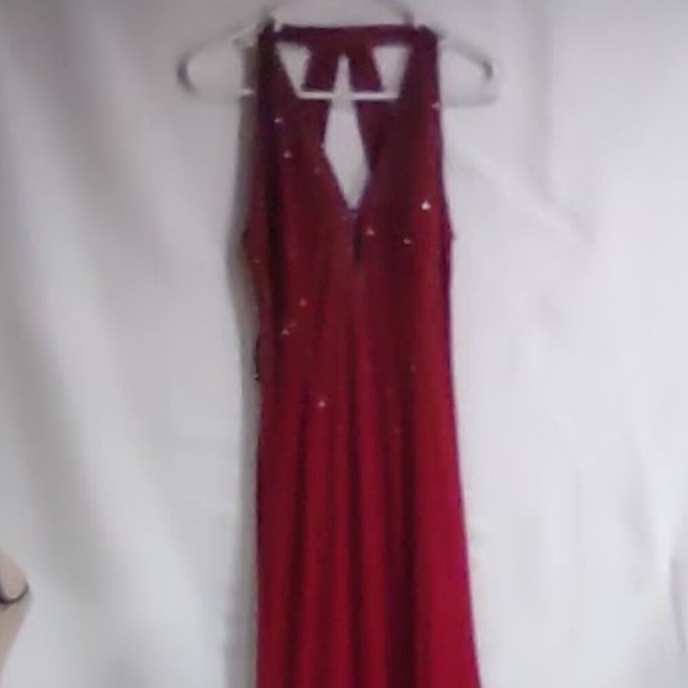 MASQUERADE RED BEADED HALTER LACED BACK GOWN PROM DRESS LINED MAXI SIZE 7/8